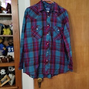 Vintage Wrangler Western Shirts Plaid Pearl Snap L 16-16.5